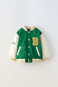 Áo khoác bomber phao Zara màu xanh lá phối tay kem logo B vàng size 12m - 6y