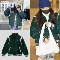 Áo khoác bomber thể thao nam nữ unisex- áo khoác bóng chày varsity cổ bẻ màu xanh lá chất dạ 2 lớp dày thêu chữ hàn quốc