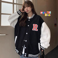 Áo Khoác Bomber Thêu Chữ R Raysoran Viền Cổ Ulzzang Unisex Dáng Rộng Nam Nữ - MM - L - Màu Đen