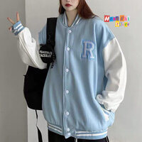 Áo Khoác Bomber Thêu Chữ R Raysoran Viền Cổ Ulzzang Unisex Dáng Rộng Nam Nữ - MM - L - Màu Xanh