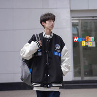 Áo Khoác Bomber Thêu Hình Cô Bé Cậu Bé Ulzzang Unisex Dáng Rộng Nam Nữ - MM - L - Màu Đen