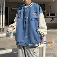 Áo Khoác Bomber Thêu Hình Cô Bé Cậu Bé Ulzzang Unisex Dáng Rộng Nam Nữ - MM - L - Màu Xanh