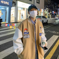 Áo Khoác Bomber Thêu Hình Cô Bé Cậu Bé Ulzzang Unisex Dáng Rộng Nam Nữ - MM - L - Màu Kem