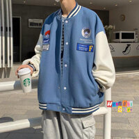 Áo Khoác Bomber Thêu Hình Cô Bé Cậu Bé Ulzzang Unisex Dáng Rộng Nam Nữ - MM - M - Màu Xanh