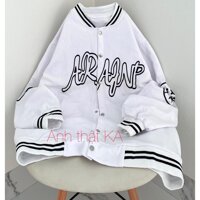 Áo khoác bomber unisex, Áo bomber bóng chày ARANP form rộng chất kaki dày dặn - BOMBER RĂNG -  TRẮNG
