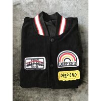 Áo Khoác Bomber Unisex Chất Nhung Tăm Tay Bo Chun Form Rộng Phối 2 Màu Thêu Deep End Nam Nữ Ulzzang, Labibi - Đen