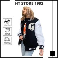 Áo Khoác Bomber unisex chữ G màu đen phối tay trắng. Áo khoác nam nữ form ôm mặc đôi, couple rất đẹp K016