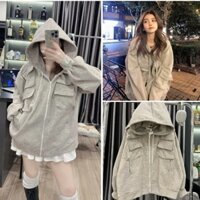 Áo khoác bomber unisex phối cúc bấm, áo khoác cổ cao hai lớp họa tiết trơn đơn giản basic Hàn Quốc
