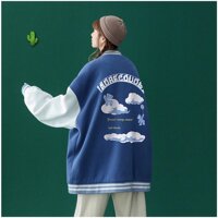Áo Khoác Bomber Varsity Jacket in AR Chất Nỉ Mịn Đẹp Unisex Nam Nữ - Xanh Dương - Ldưới 60kg