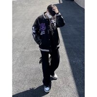 Áo khoác bóng chày đen , áo khoác varsity jacket tay da form rộng họa tiết thánh giá