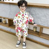 Áo khoác bông vải hoa to trẻ em áo sơ mi mùa hè ngắn tay bé trai bé gái Bộ quần áo trẻ em