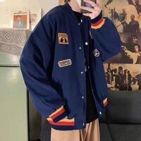 ÁO KHOÁC CADIGAN NAM NỮ ĐÍNH KÈM STICKER CỔ TAY PHỐI MÀU XANH ĐỎ VÀNG - XANH ĐẬM - XL