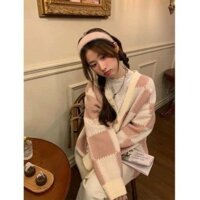 Áo khoác cadigan nữ nỉ cotton hoạ tiết kẻ caro hồng, Áo cardigan trái tim Swe nâu nổi bật thời trang trẻ trung cá tính