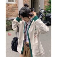Áo Khoác Cadigan Nữ Nút Cài Phối Viền Xanh Có Túi In Logo Siêu Hot NEW UNISEX