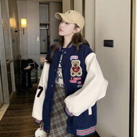 Áo khoác cao cấp in hoa áo Jacket ngắn năm 2023 cho nữ đường phố thời trang xuân thu Áo bóng chày gấu phong cách học đường áo mẫu mới