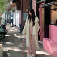 Áo Khoác cardigan Có Nón Trùm Đầu Giả Lông Chồn Màu Trắng Phong Cách Thu Đông Mới