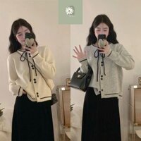 Áo Khoác Cardigan Dáng Dài, Áo Len Dệt Kim Lông Thỏ Mềm Cài Cúc Đôi Kẻ Đen Viền Nơ Cổ Hàng Qccc Phong Cách Hàn Quốc Nvn