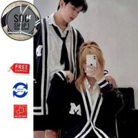 Áo Khoác Cardigan Đen Viền Trắng Chữ M Unisex, Áo Đôi