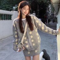 Áo Khoác Cardigan dệt kim dài tay hoa màu xám thời trang Ngọt Ngào Phong Cách Hàn Quốc mùa thu đông nữ