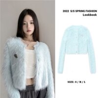 Áo Khoác Cardigan Dệt Kim Dáng Ngắn Phối Lông Chồn Màu Xanh Da Trời Nhạt Cho Nữ