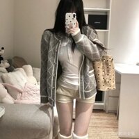 Áo khoác cardigan dệt kim màu xám hình thoi cao cấp phong cách Pháp cho phụ nữ, trang phục ngoài mùa xuân và mùa thu, áo len lười QEX0