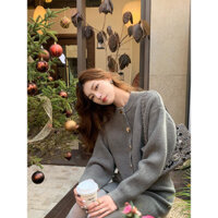 Áo khoác Cardigan dệt kim mềm mại màu xám hai mảnh Váy chữ a Áo len phù hợp với nữ