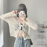 Áo Khoác Cardigan dệt kim rỗng siêu tiên nữ kết hợp tất cả các trận đấu mới, áo khoác điều hòa không khí chống Nắng Phong Cách thuần túy Nhật Bản, áo khoác lông cừu in hình lông chồn thời trang