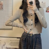 Áo Khoác Cardigan Dệt Kim Tay Dài Dáng Rộng Họa Tiết Kẻ Sọc Thời Trang Xuân Thu Cho Nữ