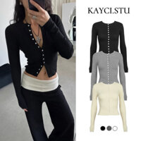 Áo Khoác Cardigan Gân Len Đính Nút, Áo Thun Tay Dài Thu Đông - KAYCI.STU