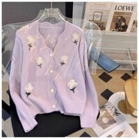 Áo khoác Cardigan len dài tay phối cúc ngọc thêu hoa phong cách Vintage