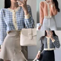 Áo khoác Cardigan len dáng croptop chất liệu dày dặn hàng QCCC phối họa tiết kẻ caro KUNKUN SP40
