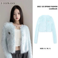 Áo Khoác cardigan Len Giả Lông Chồn Lưng Cao Dáng Ngắn Màu Xanh Dương Ngọt Ngào uiowoo Cho Nữ
