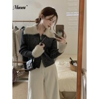 Áo Khoác cardigan Len Mỏng Ôm Dáng Cổ Bẻ Phối Lông Có Khóa Kéo Màu Tương Phản Thời Trang Thu Đông 2023 Phong Cách Mới Cho Nữ