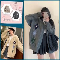Áo Khoác Cardigan Len Nữ form rộng hàng Quảng Châu Dáng Dài phong cách Hàn Quốc, Họa Tiết Kẻ Hình Thoi Kim Cương