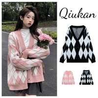 Áo khoác cardigan len nữ kẻ sọc caro kim cương cao cấp, Áo khoác len nữ dài tay dáng rộng phong cách Hàn Quốc