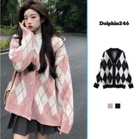 ÁO KHOÁC CARDIGAN LEN NỮ QUẢNG CHÂU HỌA TIẾT HÌNH THOI KIM CƯƠNG TRÁM MÀU ĐEN HỒNG KẺ SỌC PHONG CÁCH HÀN QUỐC D-15