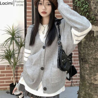 Áo khoác cardigan len nữ LACIMI tay phối viền dáng rộng