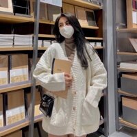 Áo khoác Cardigan Len Vặn Thừng Dáng Rộng, Kiểu Dáng Basic Áo Khoác Len Nữ Trơn