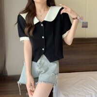 Áo Khoác Cardigan Ngắn Tay Màu Trắng Đen Thời Trang Mùa Hè Cho Nữ Áo Sơ Mi Cổ Bèo Hàng Loại 1 Chất Đẹp