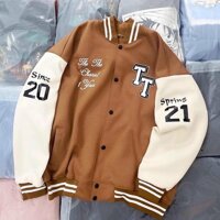 Áo Khoác Cardigan Nỉ Bông Bomber Form Rộng Unisex Nam Nữ Hàn Quốc In TT 20-21 Ulzzang - NÂU - XL 55 - 62KG&lt;1M72