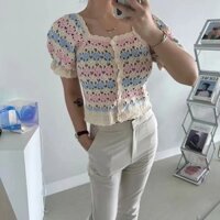 Áo khoác cardigan nữ thiết kế phong cách Hàn Quốc, móc rỗng, ngọt ngào và cay, tay ngắn, sọc, phong cách Chanel, áo khoác ngoài VPE4