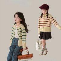 Áo Khoác cardigan peplum Tay Dài Cổ Tròn Họa Tiết Kẻ Sọc Thời Trang Xuân Thu Mới Cho Bé Gái