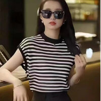 Áo khoác cardigan sọc ngắn tay nữ mới phong cách mùa hè nóng, áo tay bồng nhỏ, áo dệt kim nữ tùy chỉnh SPOR 2UKF