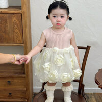 Áo khoác Cardigan tai thỏ cho bé + Áo liền quần hoa hồng Váy công chúa Váy mùa thu cho bé gái