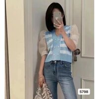 Áo khoác cardigan tay phồng cổ V sọc đôi ngực phong cách Hàn Quốc mới mùa hè cho phụ nữ với My Needle Grid Horse GFLX