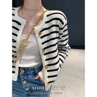 Áo khoác cardigan Xiaozhainv dệt kim cổ tròn kẻ sọc 4 màu tự chọn phong cách Hàn Quốc cho nữ