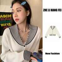 Áo khoác cardigan ZHELIHANGFEI dệt kim tay dài cổ thủy thủ dáng ngắn họa tiết kẻ sọc thời trang