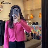 Áo khoác Chanel màu đỏ hoa hồng Áo len ngắn dệt kim dành cho nữ