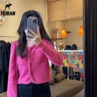 Áo khoác Chanel màu đỏ hoa hồng Áo len ngắn dệt kim dành cho nữ