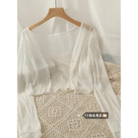 Áo khoác chiffon trắng cho phụ nữ, khăn choàng mỏng, áo khoác ngoài nhỏ, trang phục chống nắng mùa xuân, áo khoác trong suốt, kết hợp với đầm dây